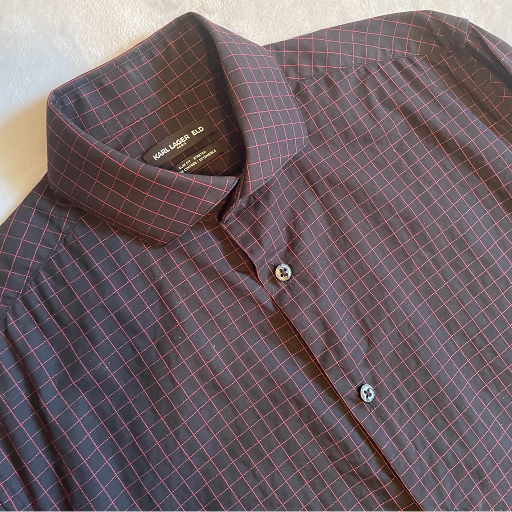 Karl Lagerfeld Men's Black W/ Red Line Long Sleeve Shirt Slim Fit Sz 14.5 32/33